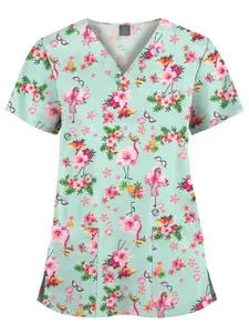 New Cartoon Pattern Elastic Scrubs Casual | V-Neck Hand Wash Top for Pet Hospital Staff, Spa Receptionists, Holistic Healing Centers, Pet Grooming Salons, and Senior Wellness Communities