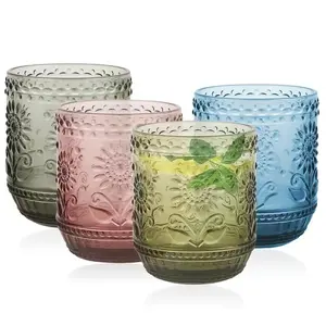 1/2 Pcs 12oz Vintage Sunflower Pattern Glasses, Stylish Glass Cups, Retro Clear Embossed Juice Wine Drinking Glasses, Aesthetic Reusable Drinkware for Home Kitchen Dinner Party, Perfect Gift for Women Friends Family