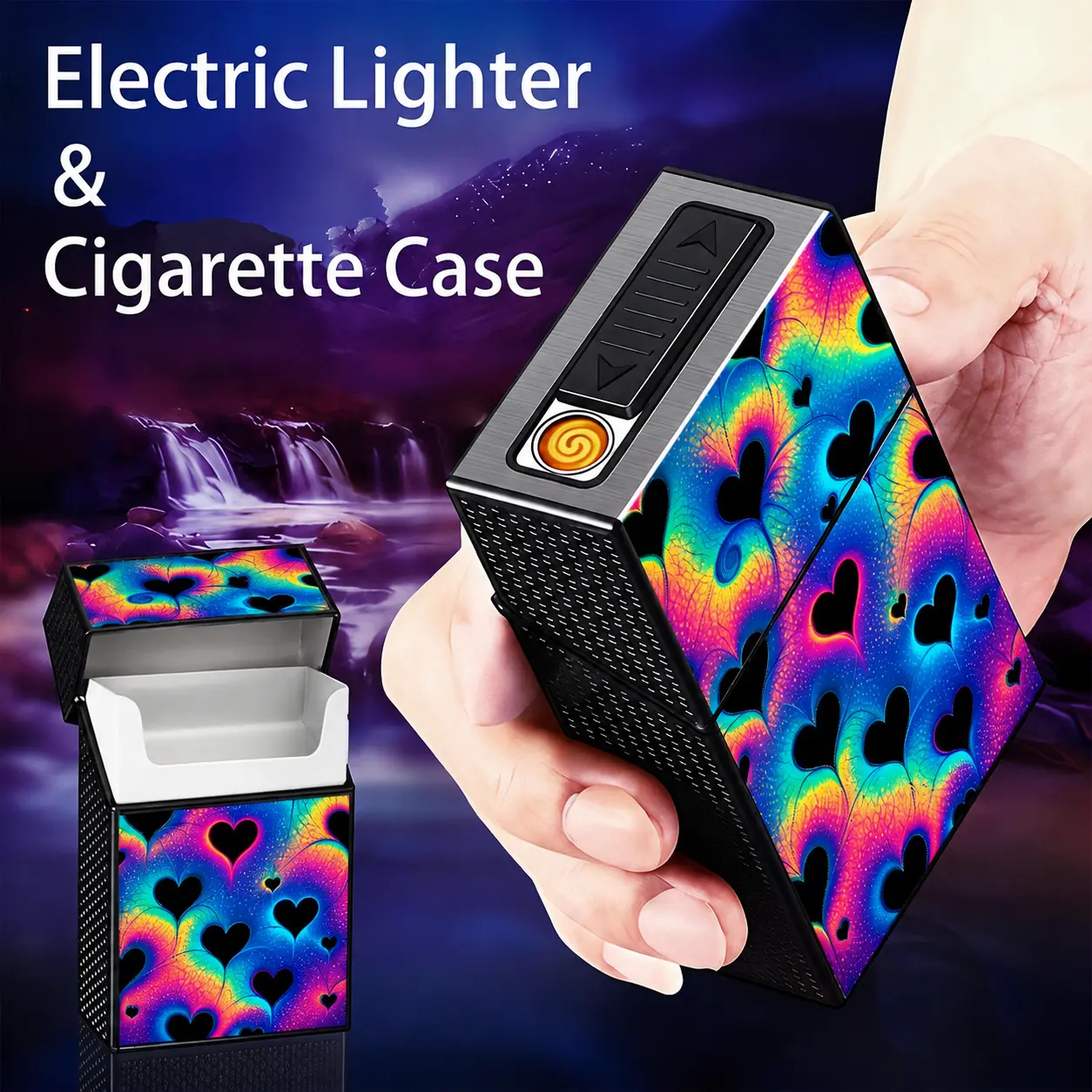 USB Rechargeable 20-Slot Storage Case with Built-In Electronic Ignition, Colorful Gradient Design with Various-Sized Black Heart Patterns, Dazzling Dreamy Finish, Fits Items 84–84.86 mm Long