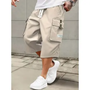 Trendy Big & Tall Men's Cargo Shorts, Lightweight Breathable Fabric with Large Multi-Pockets & Adjustable Drawstring Waist, Classic Solid Color with Letter Patch, Ideal for Summer Outdoor Activities, Hiking & Everyday Casual Wear