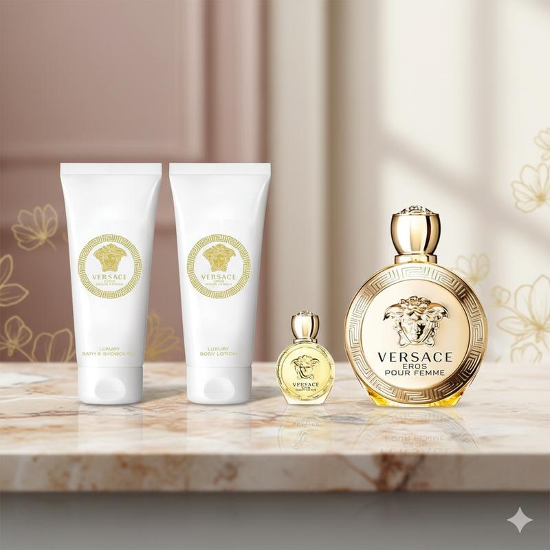 Versace Eros Pour Femme 4-Piece Gift Set | Eau de Parfum 3.4 oz + Body Lotion 3.4 oz + Shower Gel 3.4 oz + Mini Spray 0.17 oz