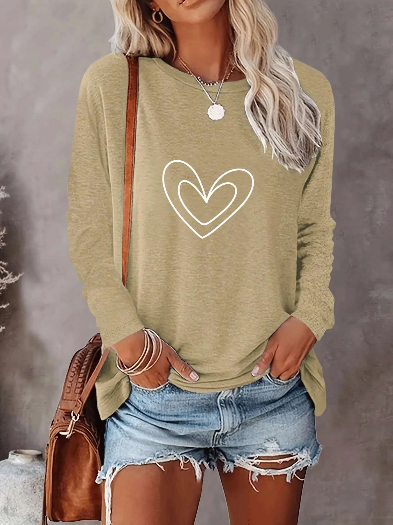 Women's Valentine's Day Casual Heart Print Long Sleeve Round Neck Slim Fit Tee, Comfortable Fabric, Available in 10 Colors