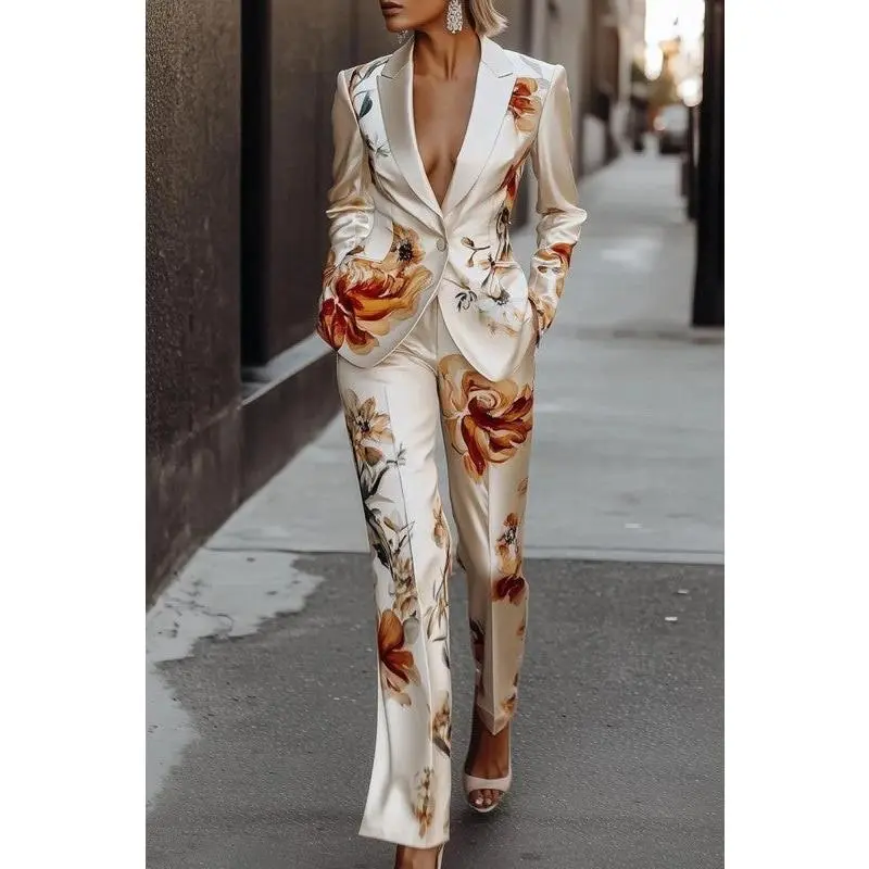 Floral Satin Blazer Suit Set
