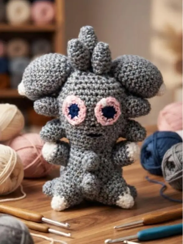 Handmade Crochet Monster Plushie - Cute Knitted Fantasy Creature Amigurumi Doll, Soft Grey Anime Inspired Stuffed Toy, Aesthetic Desk Decor & Gift for Gamers