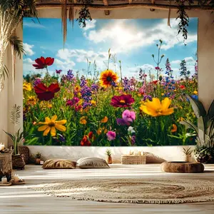 1PC,2D Flat Festive Decorative Door Tapestry, Pastoral Style Colorful Wildflowers with Sunny Blue Sky Background Door Curtain, Indoor & Outdoor Party Decoration Fabric Tapestry, Home Wall Decor Hang