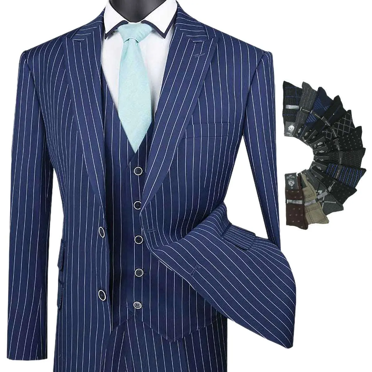 Luxurious Men's 3-Pieces Gangster Stripe Suit Blue