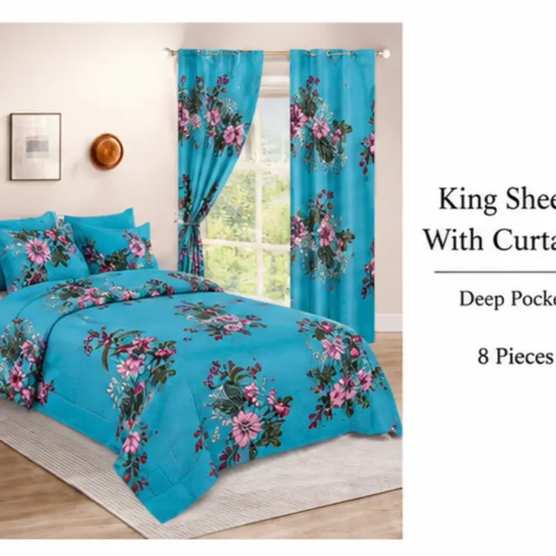 Luxury 8-Piece King Sheet Set with Matching Curtains | Deep Pocket Floral Bedding Set | Elegant Bedroom Decor / Juego de Sábanas King de 8 Piezas con Cortinas a Juego | Sábanas Deep Pocket con Diseño Floral | Elegancia y Confort para tu Habitación