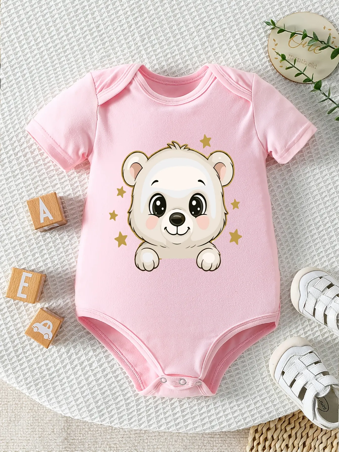 Baby Girls' Pink Short Sleeve Bodysuit, Cute Peeking Bear With Golden Star Newborn Cotton Onesie