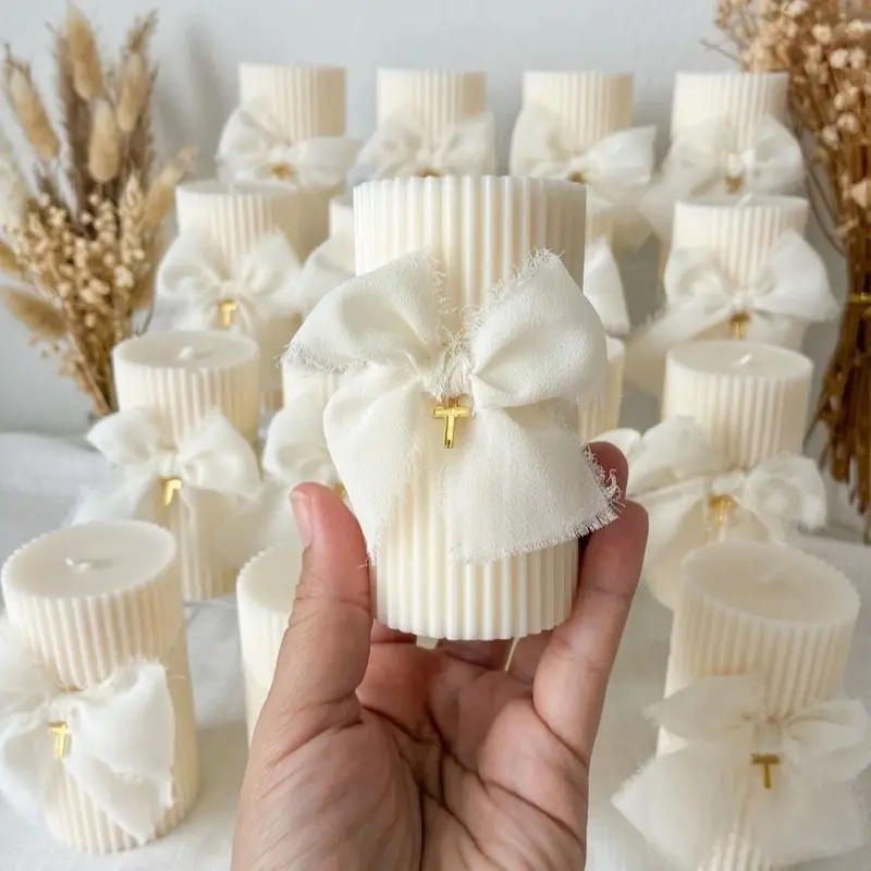Luxury Decorative Candle with Gold Cross and Gauze Handmade for Weddings Baptisms Engagements and First Communion Flower Design Marriage