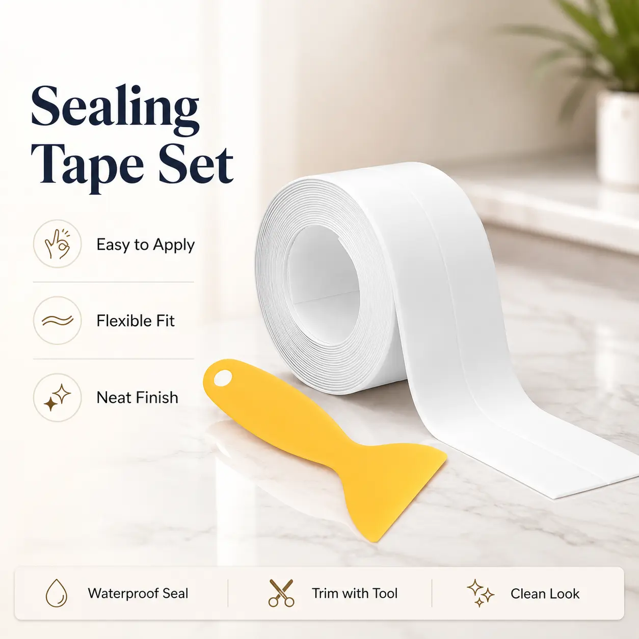 Invisible Waterproof Sealant Caulk Tape, Multi-Use Self-Adhesive Sealant Tape - 2 Rolls with Application Tool for Sink, Bathtub Gaps Bathroom Seals Leakproof Airtight Seal