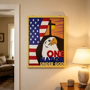 American Flag Eagle Cross Wooden Hanging Ornament, Vintage Patriotic Home Decoration, Independence Day Theme, One Nation Under God