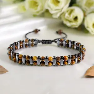 Tiger Eye & Hematite Protection Bracelet Double Braided Beaded Adjustable Men Women Bracelet Jewelry