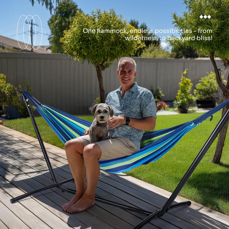 Double Hammock With Carry Bag, With Space-Saving Stand, Heavy-Duty Steel Frame, 450 Lb. Load Capacity, Easy To Assemble, For Patio, Park, Outdoors