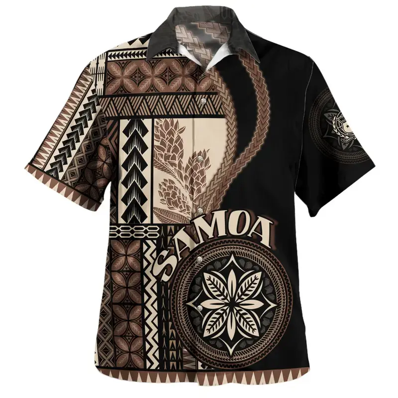 Men's Samoa Hawaiian Shirt – Vintage Brown Samoan Tribal Tattoo & Teuila Flower Short Sleeve Beach Shirt, Cultural Vacation Top
