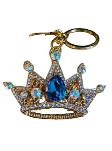 Armored Kingdom Royal Aqua Blue Crown Keychain with Sparkling Rhinestones - Elegant Design for Easy Accessory Use & Versatile Clip for Handbag Backpack or Keys