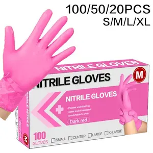 100/50/20PCS Nitrile Gloves, suitable for tattooing, nail art, hairdressing, painting, dishwashing and cleaning, food preparation, household kitchen and bathroom cleaning, available in white, pink, rose red, blue, orange, green, and black.