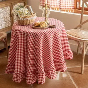 Red Plaid Ruffled Table Cover Linen 60Inch Round Gingham Tablecloth Classic Farmhouse  Checkered Table Cover Decorative Buffalo Plaid for  Holiday Party 60"(Round)