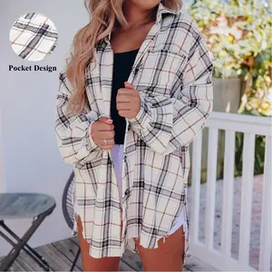 Asvivid 2025 Fall Clothes For Women Oversized Plaid Shacket Long Sleeve Button Down Shirt Jacket with Pockets Cozy Spring Work Tops with Slits