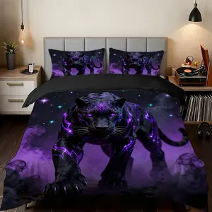 2/3 Pcs Purple Light Phantom Black Panther Night Walk Ultra-High-Definition Digital Printed Quilt Cover Set(1* Quilt Cover+1/2* Pillowcase,No Inner Core),100% Polyester Fiber,Suitable For All Seasons,Machine Washable,Perfect Gift For Family