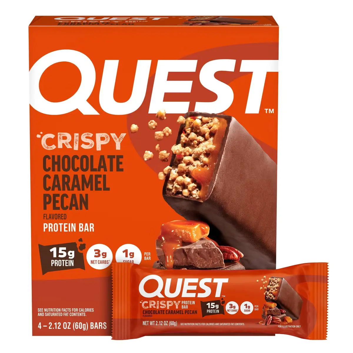 Quest Crispy Chocolate Caramel Pecan Protein Bars Low Carb Keto, 4 Bars