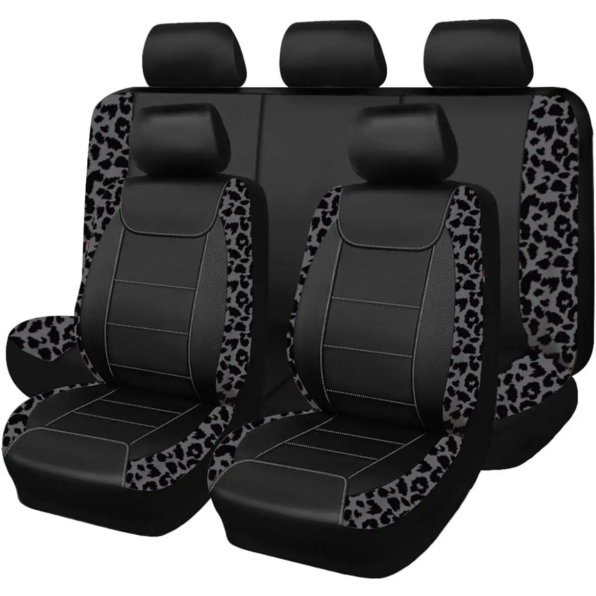 8PCS Carbon Fiber Leather Car Seat Covers, Leopard Gray Black, Universal Fit Automotive Interior Car Accessories