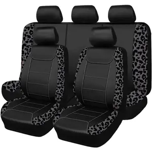 Carbon Fiber Leather Vehicle Seat Covers, Leopard Gray Black, Universal Fit - 8PCS