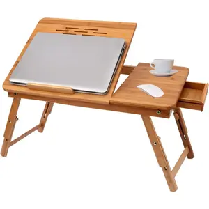 Laptop Desk, Adjustable Breakfast Serving Bed Tray with Tilting Top Drawer, Bed Desk for Surfing Reading Writing Eating