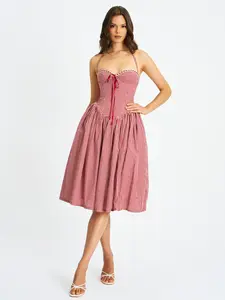 Susanna Red Cotton Gingham Drop Waist Midi Dress