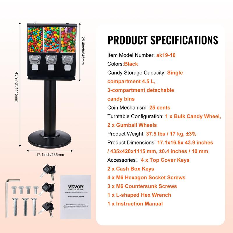VEVOR Commercial Vending Machine, TikTokShopBlackFriday, Triple Compartment Candy Dispenser with Iron Stand, Gumball and Candy Machine for Business, Coin Operated Gumball Bank for Toy Capsules Bouncy Balls Candy Nut, Black