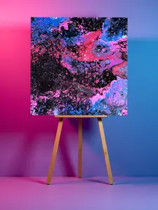 Dark Dimension | 20x20" | Hand-Poured Canvas Art - Neon Pink, Electric Blue, Glowing Violet - Ready to Hang, Unframed Wall Decor