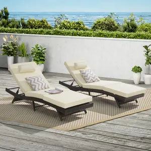 Outdoor Reclining Chaise Lounge Set of 2, with Adjustable Backrest and Removable Cushion, Patio Pool Lounge Chair for Patio Poolside Backyard Porch ﻿Beach Poolside Garden