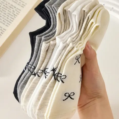 Women's Sweet Bowknot Boat Socks, Knitted Socks, Breathable Comfy Socks, Thin Lightweight Breathable Soft Fitted Invisible Socks, Casual Everyday Low-Cut Ankle Socks for Spring Summer