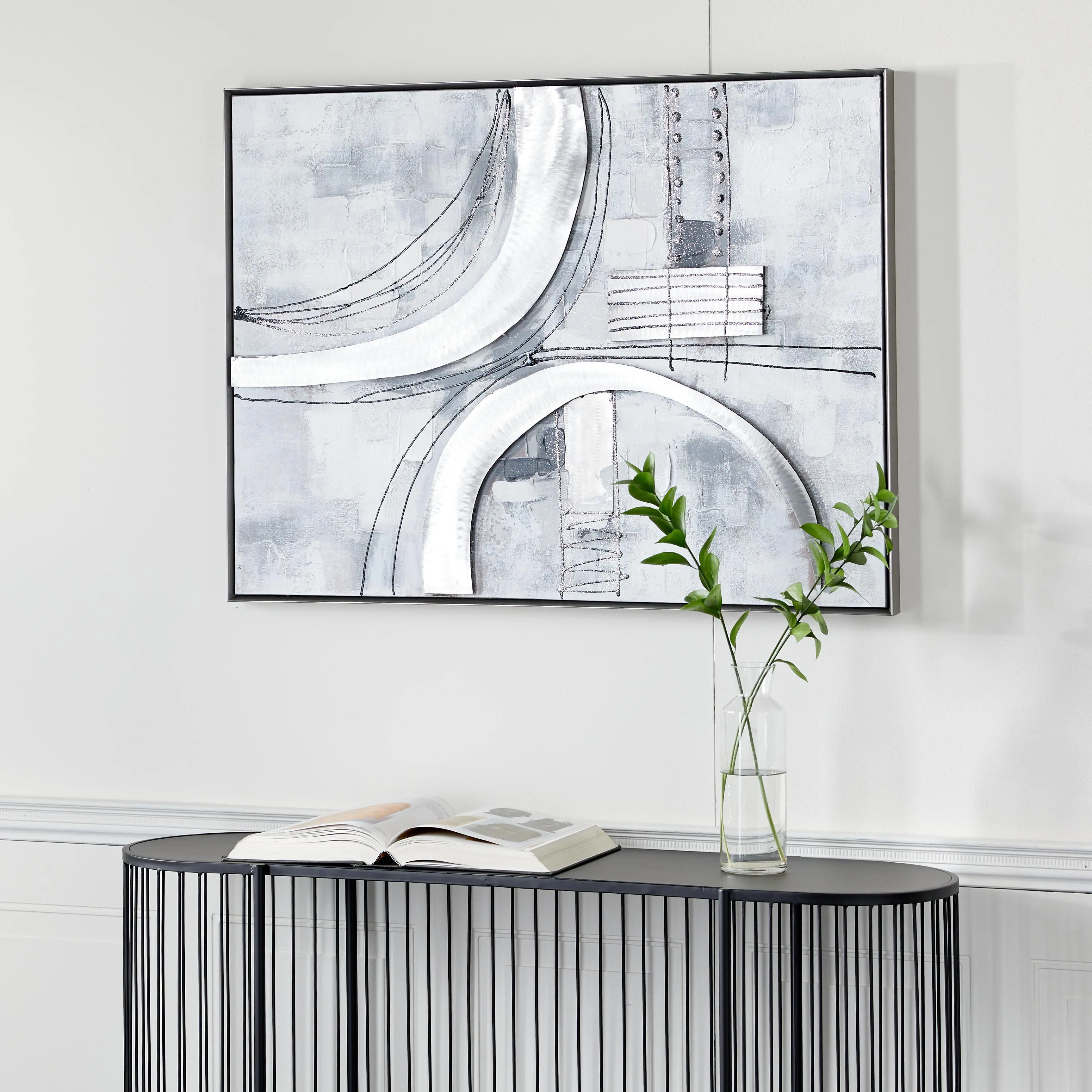 Gray Canvas Abstract Living Room Framed Wall Art with Black Frame and Silver Glitter Accents, 40" x 2" x 30"