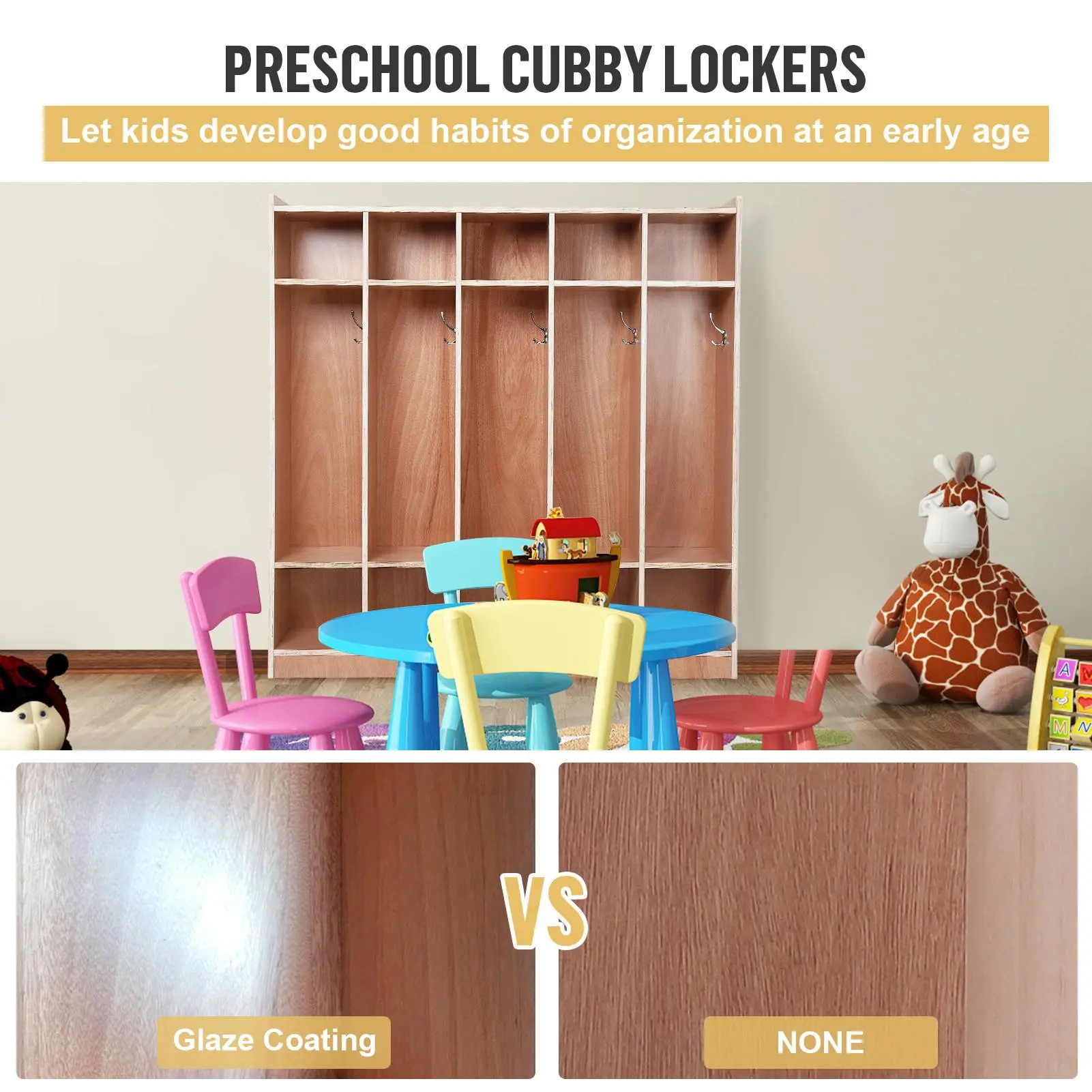 GARVEE Kids Wooden Finish Storage Cubby Locker - 10 Cubbies, 5 Sections, 5 Hooks, 2 Storage Boxes, 4 Casters, Sturdy Stylish Anti-Tipping Design for Classroom, Kindergarten Furniture