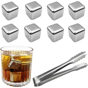 8 Units Bourbon Cooling Gift Metal Reusable Ice Cubes Quick Chill Stones with Tongs Stainless Steel Whiskey Rocks for Beverages Food-Grade Safe & Durable