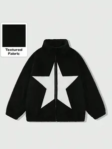 Trendy Star Embroidered Lamb Wool Jacket, Unisex Winter Thick Warm Stand Collar Zipper Fleece Coat, Block Stars Pattern