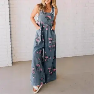 Summer 2025 European and American Fashion Denim Floral Print Casual Jumpsuit Sleeveless Suspender Pants Women Green Overalls Womenswear Strap StrappyRAIMENTRY
