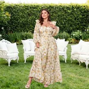 EYWOL Plus Size Brown Floral Maxi Dress with Puff Sleeves Sweetheart Neckline & Mesh Overlay for Bohemian Chic Casual Elegance