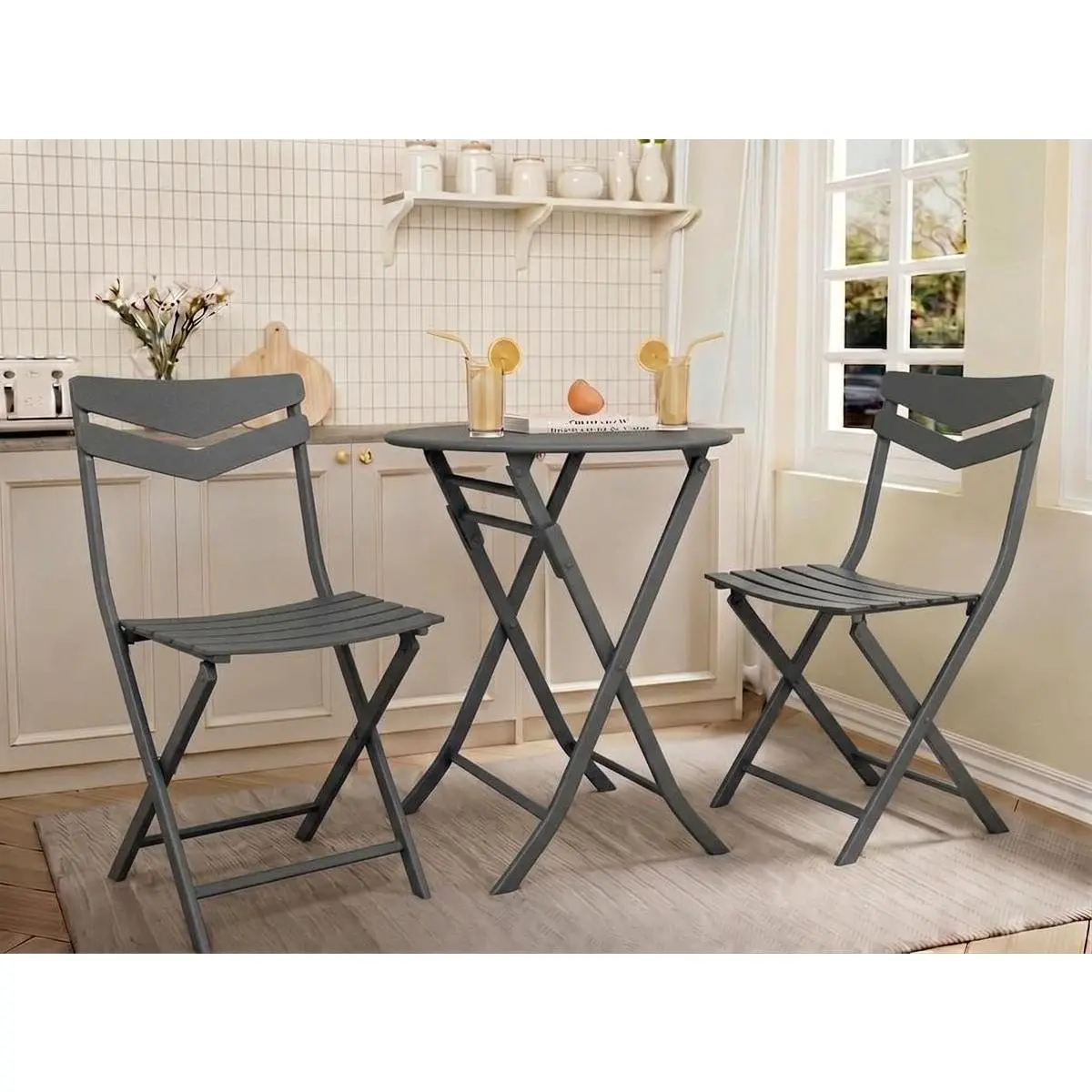 3-Piece Folding Bistro Set with Round Table and 2 Chairs, Space-Saving Metal Patio Furniture for Balcony, Porch, Garden, or Apartment