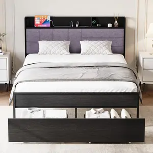 Garvee - Double bed frame with headboard, black platform bed frame with storage, sturdy bed frame with 2 storage drawers, black bed frame with station