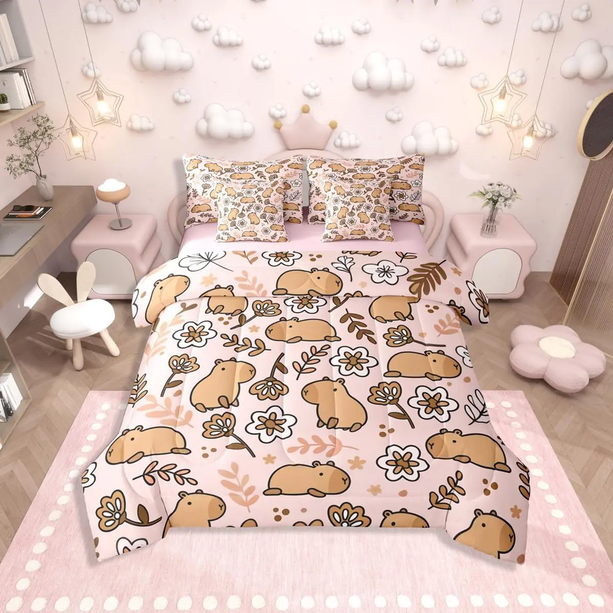 Feelyou 7-Piece Capybara Motif Bedding Set - Ultra-Soft Microfiber Luxe Bed-in-a-Bag with Playful Cartoon Theme, Branch-Design Comforter for Home Use, Bedding Sets