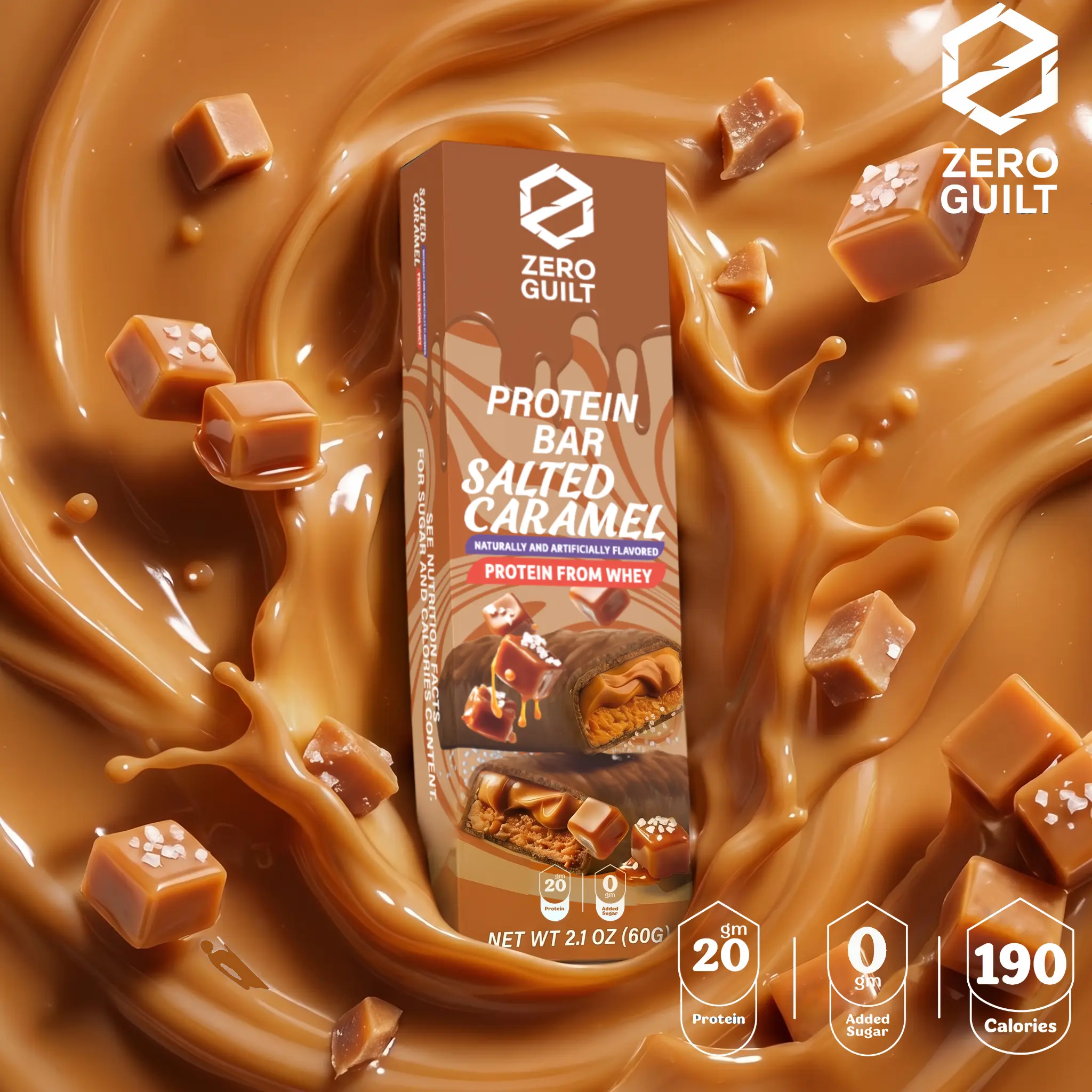 ZERO GUILT Salted Caramel 20G Protein Bar, ZERO Added Sugar, 60g Net Weight - 12 Pack, Snacks, Ready To Eat Snacks
