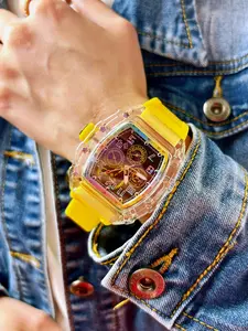 Transparent Barrel Shape Gradient Hollow Quartz Watch, Quartz Analog Watch, Silicone Strap, Multifunctional Timer, Calendar Display, Unisex Fashion Accessory