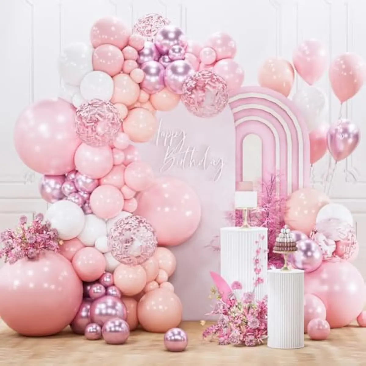 Light Pink Balloon Arch Kit Garland 142pcs Different Sizes of 18 12 10 5 Inch Baby Pastel Pale Pearl Metallic Pink White Clear Confetti Balloons for Baby Shower Birthday Party Decorations