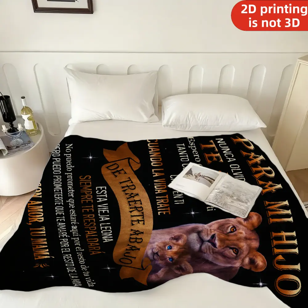 A mother’s gift to her son: Spanish-language blanket, soft and comfortable, featuring a lioness, cub, and inspirational text, perfect for Christmas or a son’s birthday, suitable for bedroom, living room, sofa, camping, and more.