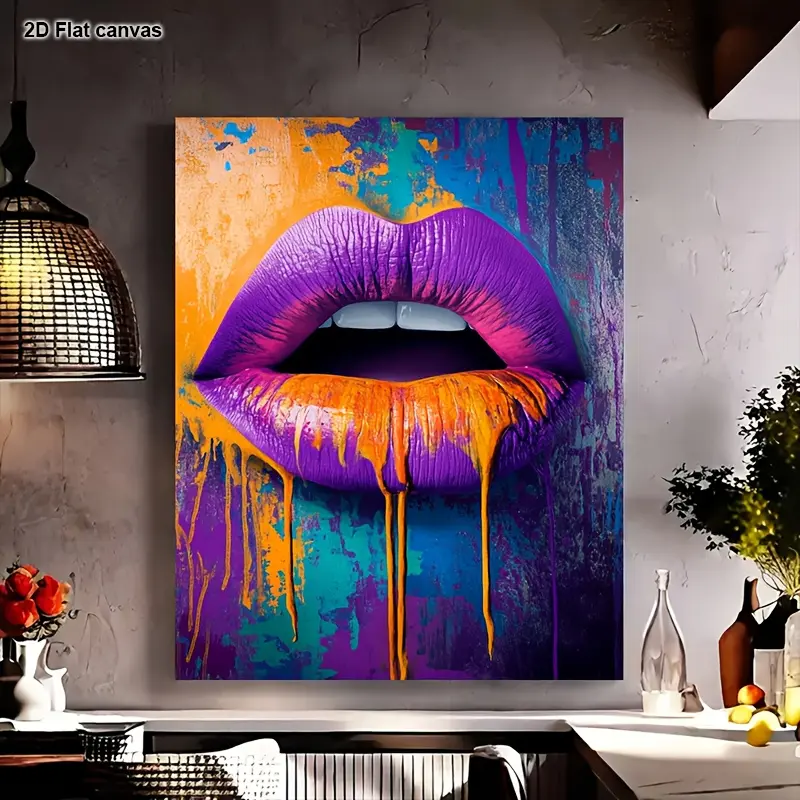 Purple Lip Decorative Painting - Wooden Frame Wrapped Oil Painting, Waterproof Lip Print Artwork, Modern Elegant Lip Shape Pattern, Suitable for Living Room, Bedroom, Office Decoration - Unique Pattern Wrapped Oil Painting, Preferred for Home Decorat