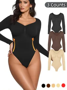 Women's Seamless Long Sleeve Stretchy Shapewear Set, V Neck One-Piece Bodysuit, Available in Single/two/three Pieces, Comfortable Chic Fashion Design