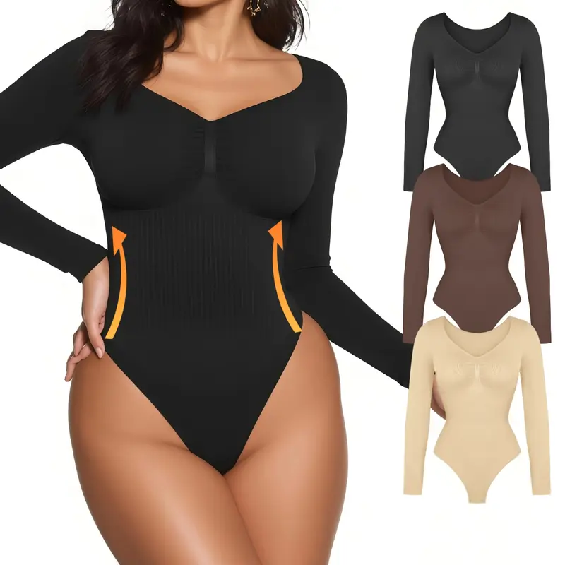Women's Seamless Long Sleeve Deep V Shapewear Set, V Neck One-Piece Underwear Bodysuit, Available in Single/two/three Pieces, Comfortable Light Soft Stretchy Smooth Design