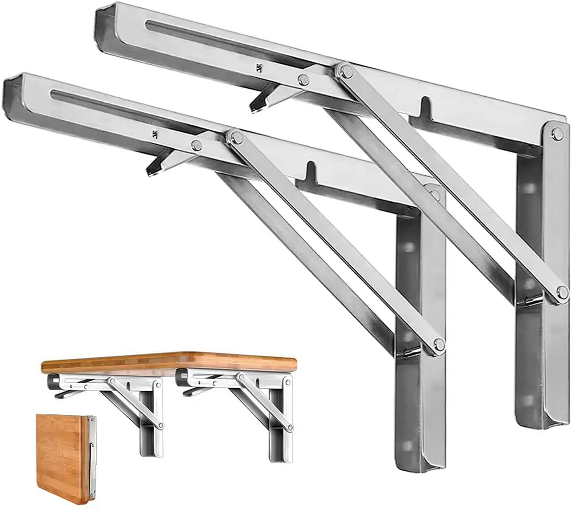 2PCS Folding Shelf Brackets - Heavy Duty Stainless Steel Collapsible Shelf Bracket for Bench Table, Space Saving DIY Bracket Adjustable Hook Self Drilling Anchors