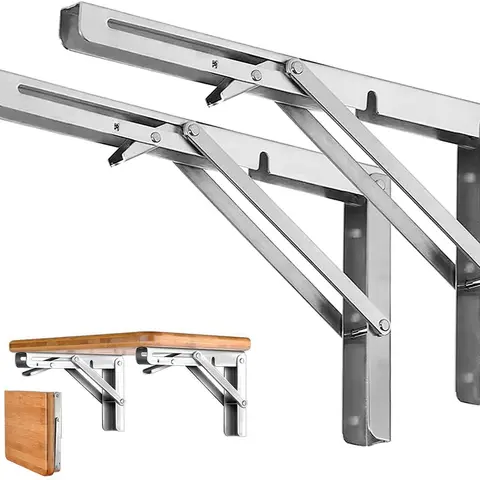 2PCS Heavy Duty Stainless Steel Folding Shelf Brackets - Collapsible Space-Saving DIY Brackets with Self-Drilling Anchors for Shelves, Bench